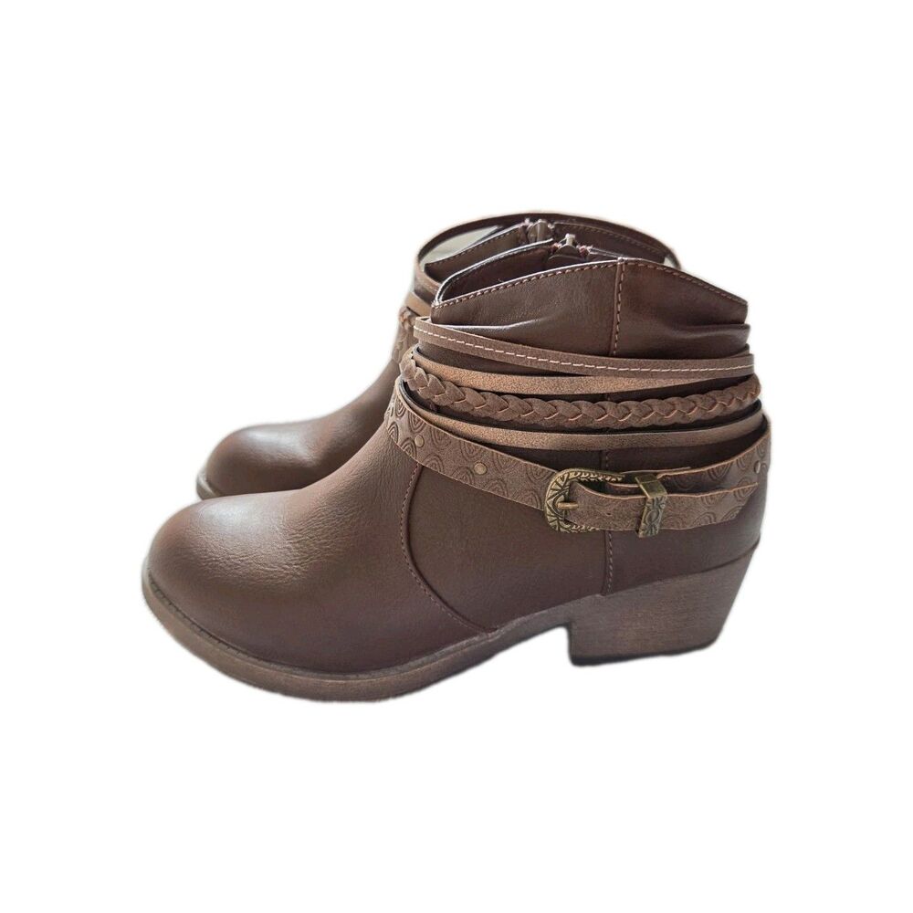 NWOB Pop Brown Western Ankle Boots Sz 6.5M Braided Strap Side Zip Boho Booties